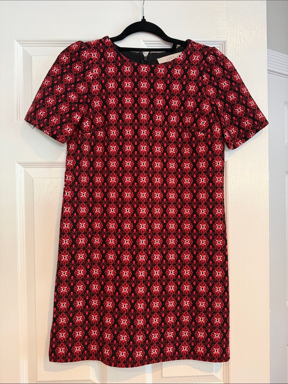 LOFT Black and Red Geometric Floral Shift Dress